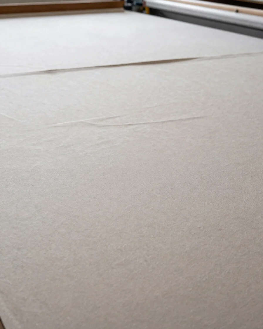 Wide view of a textile finishing workspace with fabric materials laid out in natural daylight, honest and unstaged, neut