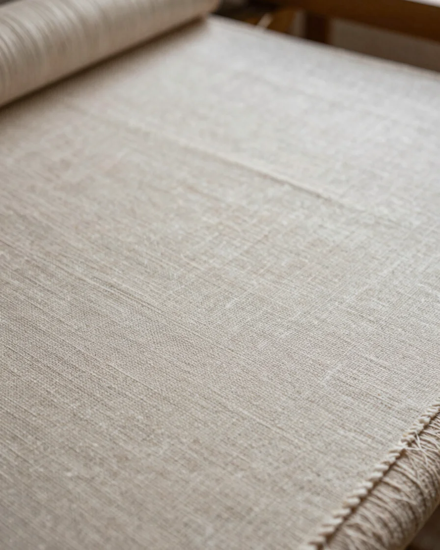 Close-up detail of woven textile surface in progress on a finishing table, soft directional daylight, restrained natural